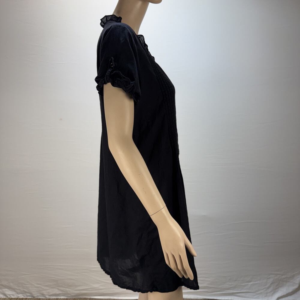 XCVI Ruffle Neck Button Up Shirt Dress Size L Black Gauze Cotton Short Sleeve - Picture 5 of 6